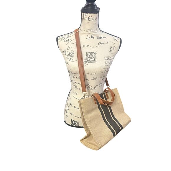 Neutral Woven Tote with Black Stripe & Faux Leather Handles - Picture 1 of 7